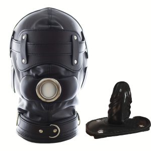Black Leather BDSM Head Hood with Removable Blindfold And Dildos Mouthpiece Gag - Adult Sex Toy, SM Bondage Accessories Valentine'S Day Gift