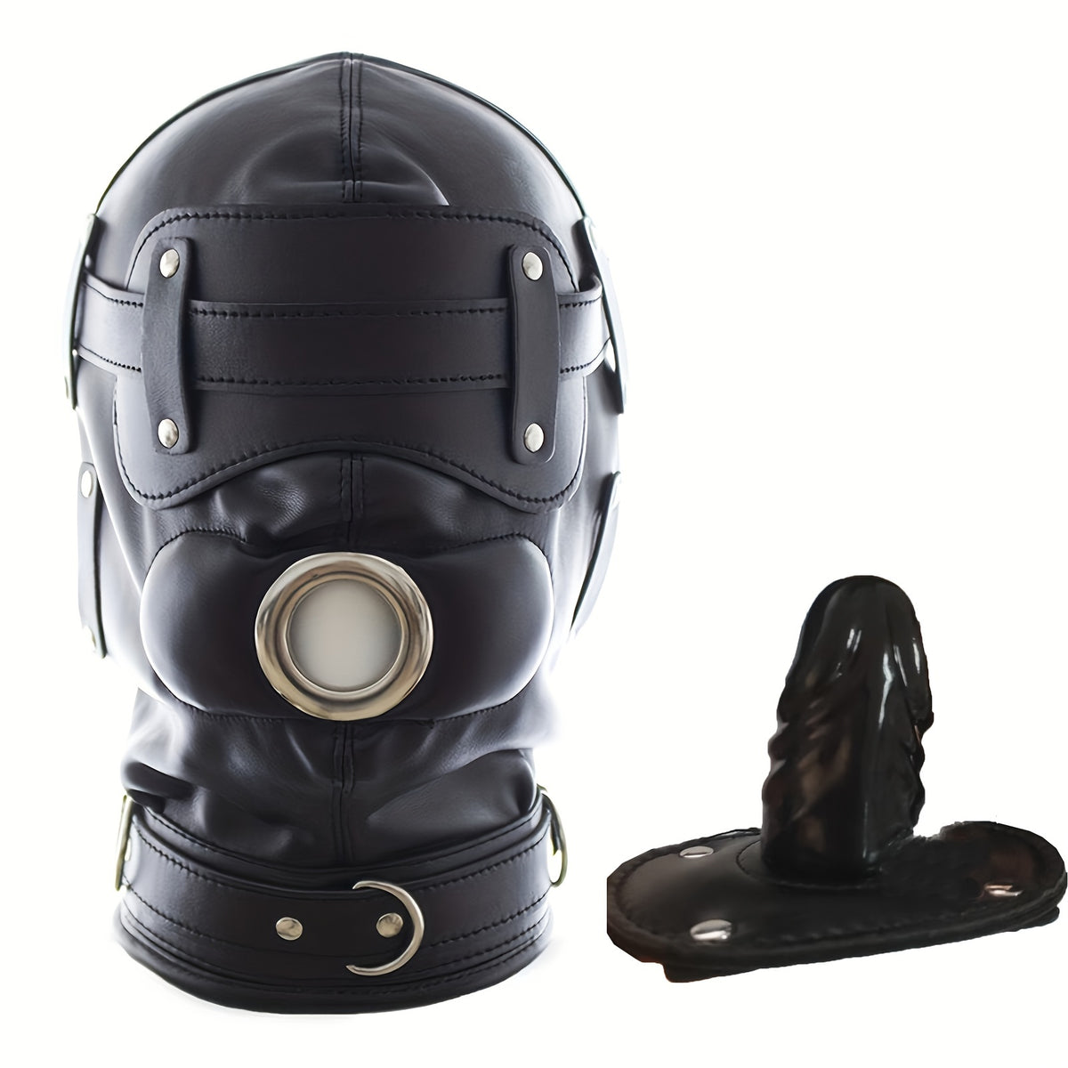 Black Leather BDSM Head Hood with Removable Blindfold And Dildos Mouthpiece Gag - Adult Sex Toy, SM Bondage Accessories Valentine'S Day Gift