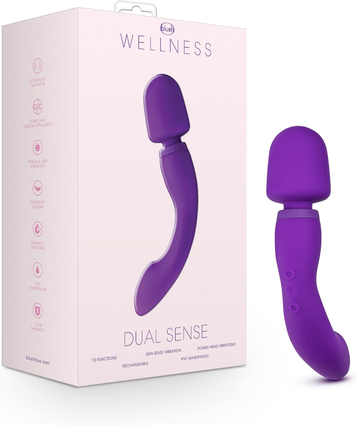 Blush Wellness Dual Sense - Innovative Touch Sensitive Ultra Soft Silicone Massage Wand - Target Sore Muscles- 10 Powerful Rumbly Vibration Functions On Both Ends of Massager - IPX7 Waterproof