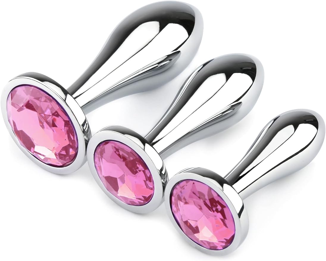 Anal Butt Plug, 3Pcs Set Metal Anal Butt Plug Sex Toy with Crystal Diamond Beginner Anal Toy for Adult Unisex (Pink)