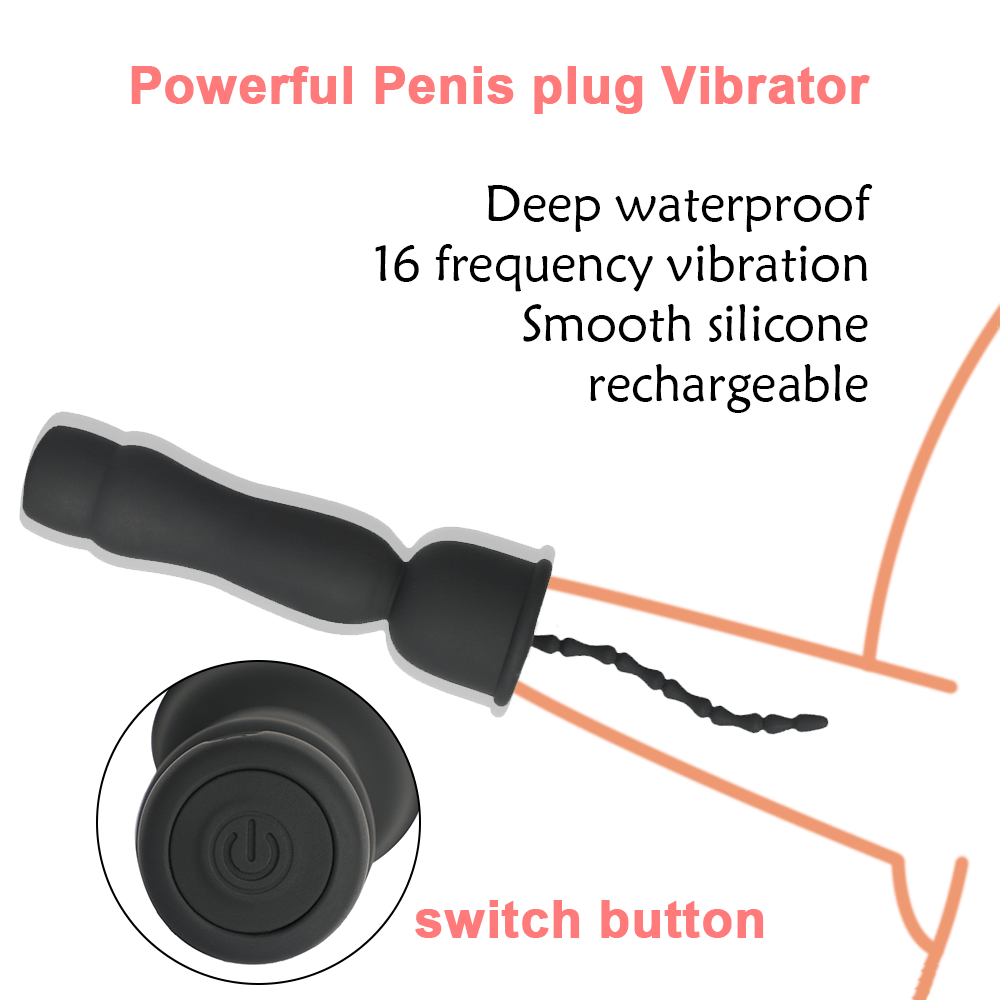 Mushroom Head 16-frequency Vibration Urethral Stick Rechargeable Massage Male Silicone Penis Time-lapse Training Exercise Black
