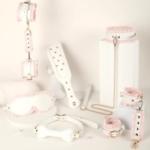 6 PCS BDSM Bondage Set White Maid Role Play Restraints Kit SM Fetish Toys Handcuff Slave Collar Blindfold for Couples Sex Games