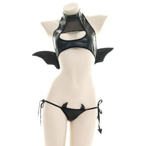 Sexy Patent Leather Women Lingerie Set Little Devil Wings Underwear SM Flirting Open Chest Underwear Porn Bra Costume