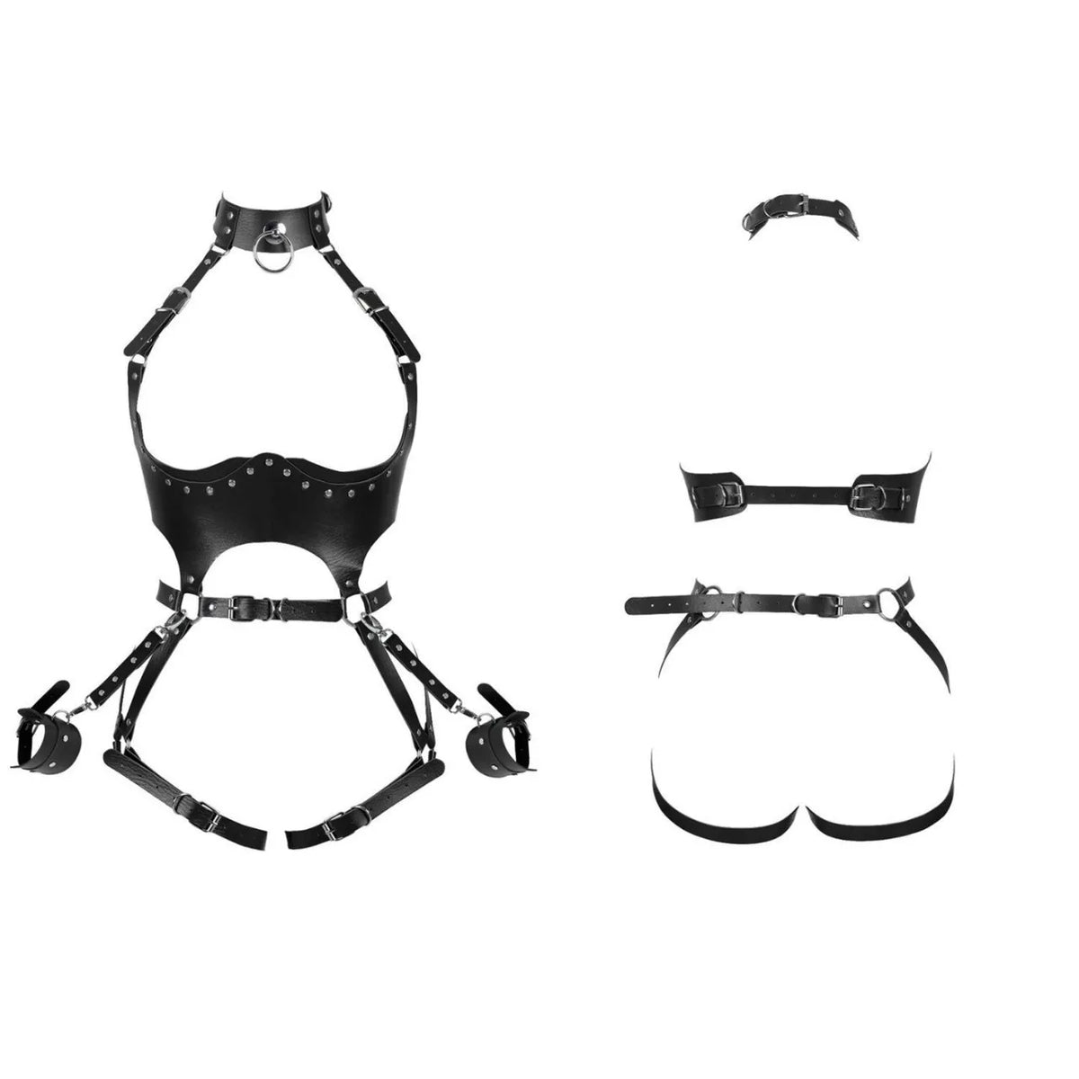 Female Open Bust PU Leather Bondage Clothes with Handcuffs - Adjustable BDSM Restraint Set
